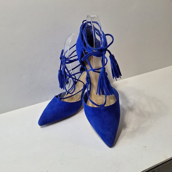 Marc Fisher NWOB Blue Preppy Retro Suede Pointed Toe Strappy Lace Up Heels Sz.8 - Picture 3 of 11